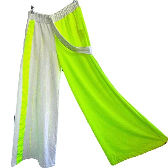 Bukezy Wide Leg Pants High Rise Paint Splatter Women Size Large Neon Green White - Picture 1 of 7